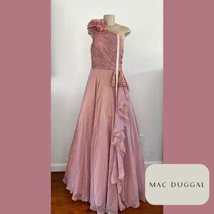 MAC DUGGAL | One Shoulder Gown Rose Ruffle & Draped Overlay